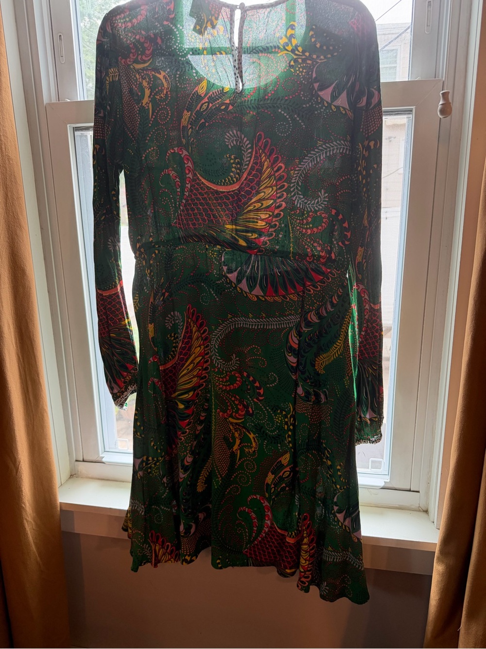 Anthropologie Emerald Green Paisley-Print Long Sleeve Dress